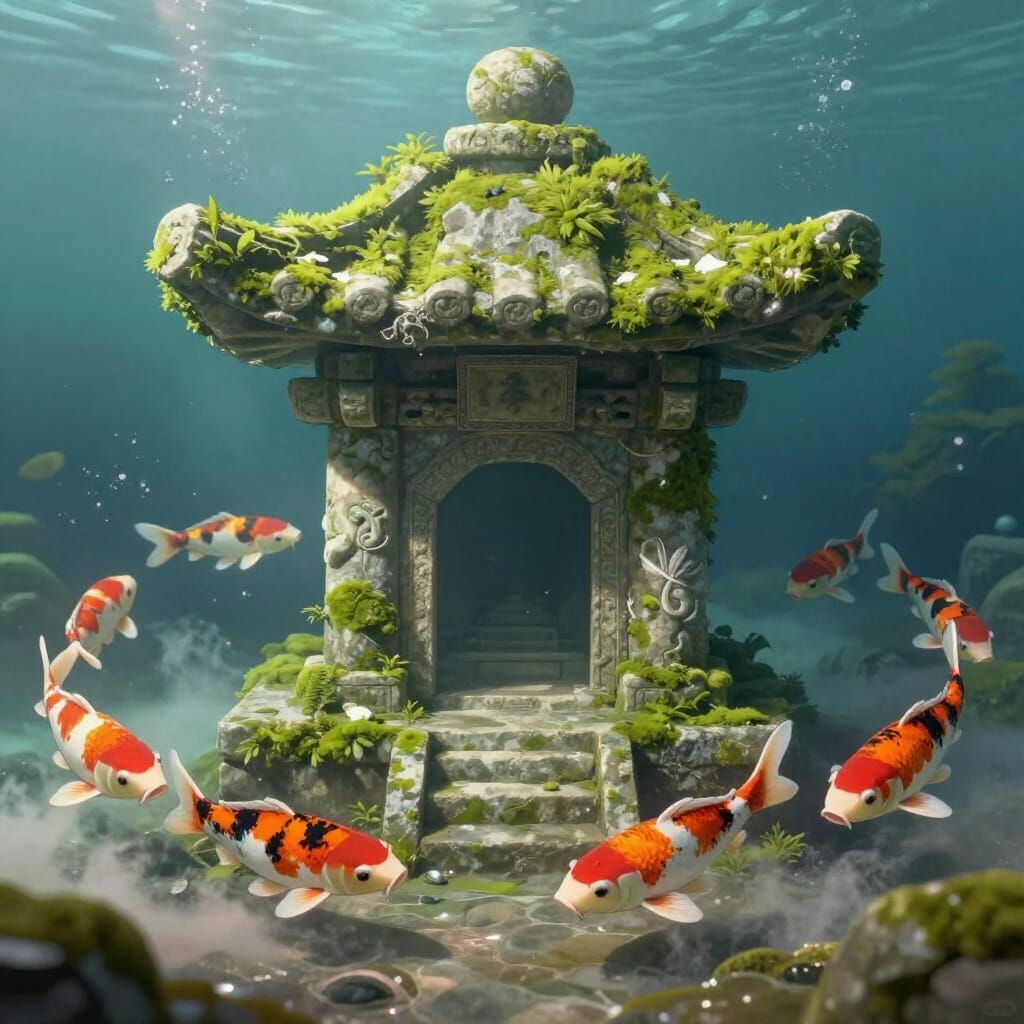 Underwater Stone Shrine With Koi Fish in Anime Style