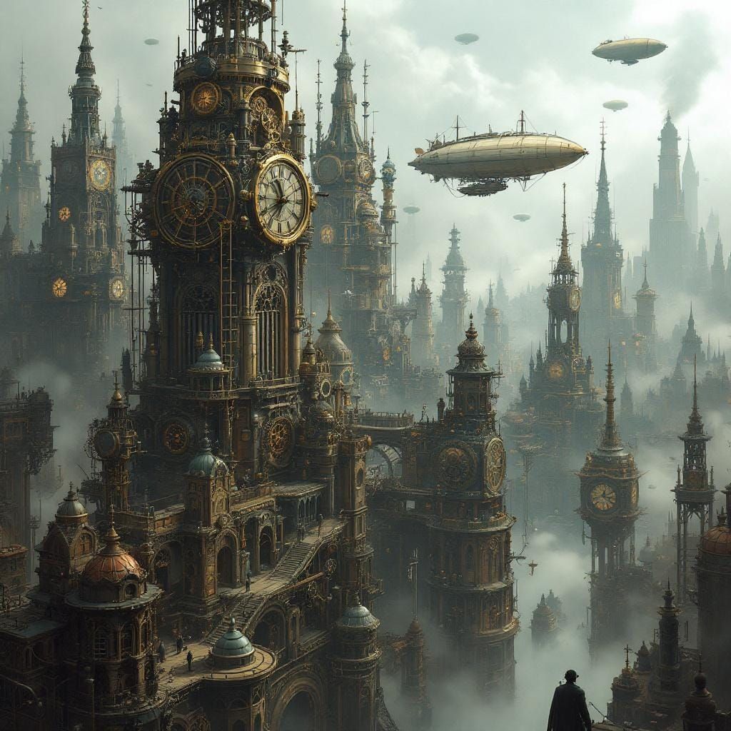 Steampunk Metropolis with Clockwork Airships