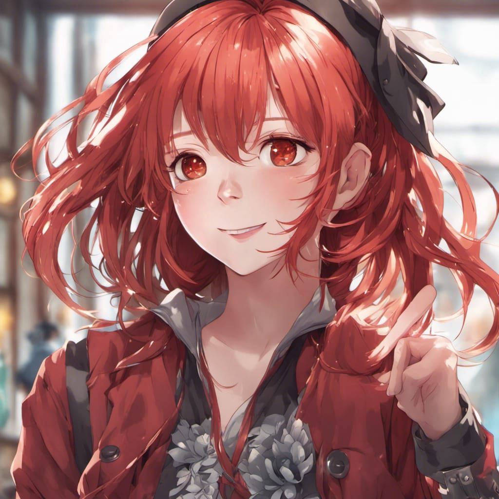 Beautiful Red-Haired Girl in Anime Style