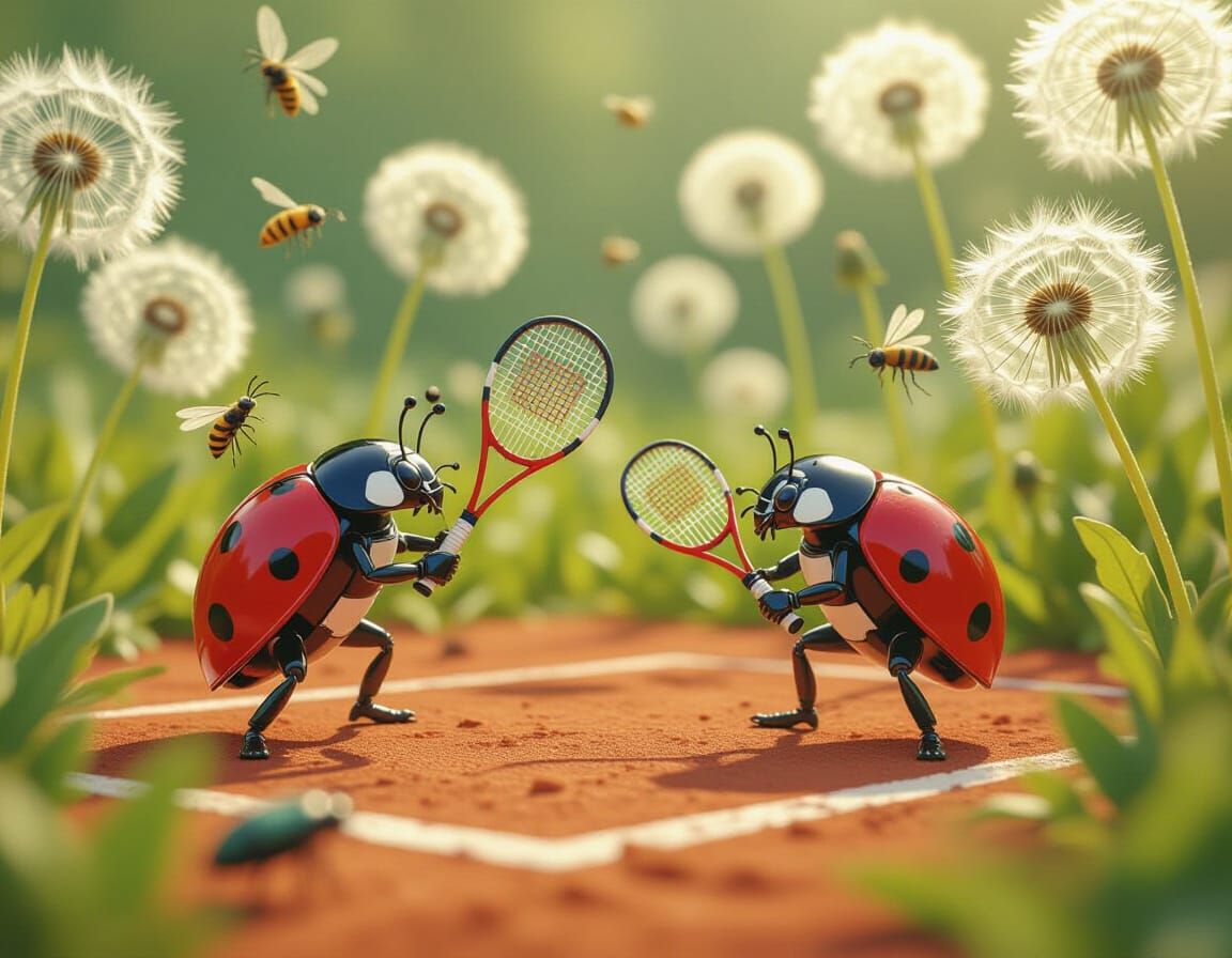 Ladybugs Playing Tennis in Dandelion Field, Macro Photograph...