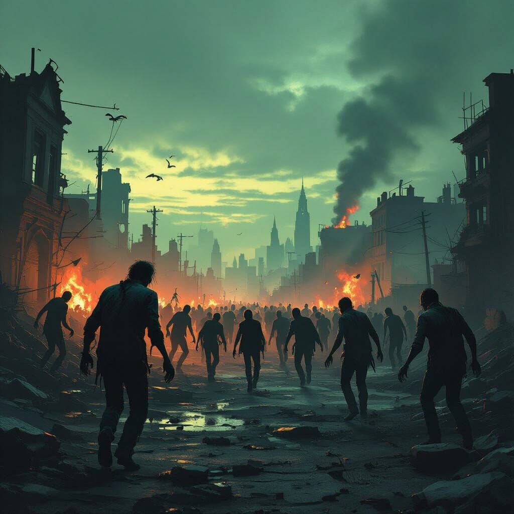 Zombie Horde in Ruined Cityscape at Dusk