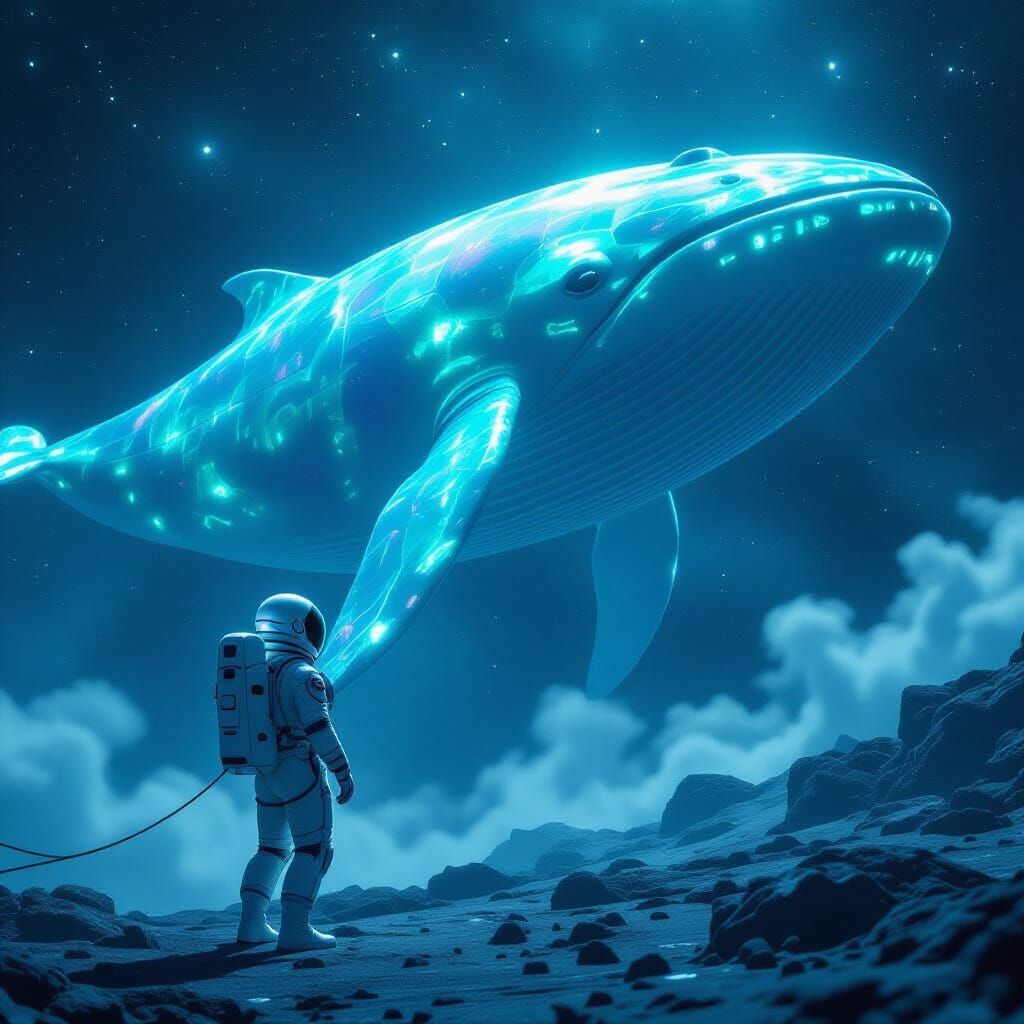 Astronaut Tethered to Bioluminescent Space Whale