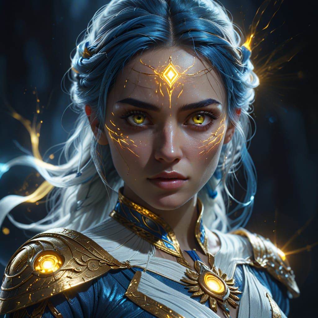 Sorceress Fires Laser Beam in Digital Art Style