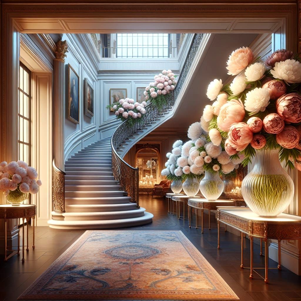 Elegant Mansion with Peonies and Grand Staircase