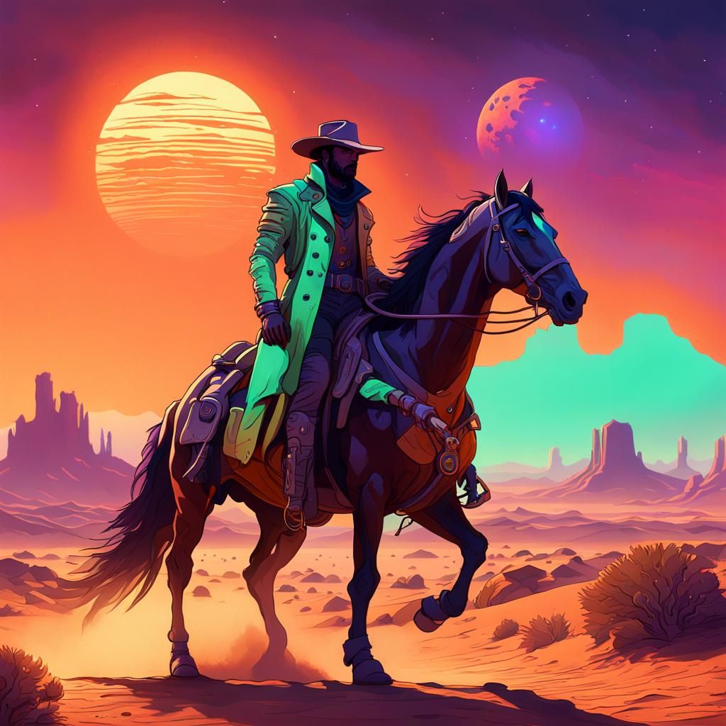 Space Cowboy Rides on Desert Planet: Sci-Fi Art