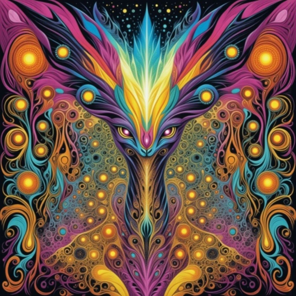 Vibrant Psychedelic Rainbow Scene with Feline Mythical Creat...