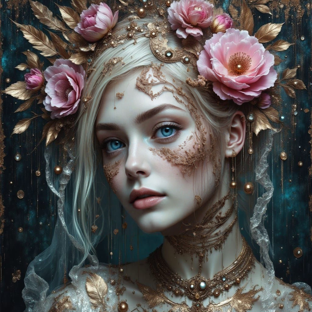 Ethereal Metallic Portrait of Alien Android in Rococo Dress