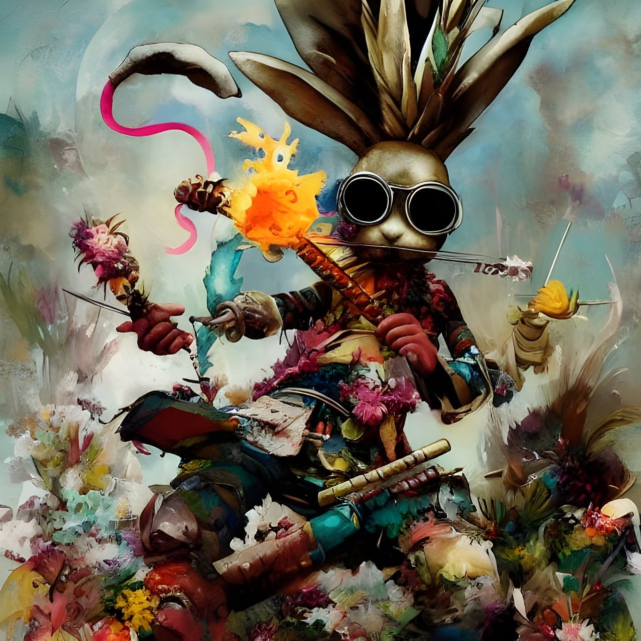 Rabbit Samurai Pyromancer Pineapple: Hyper-Detailed Art