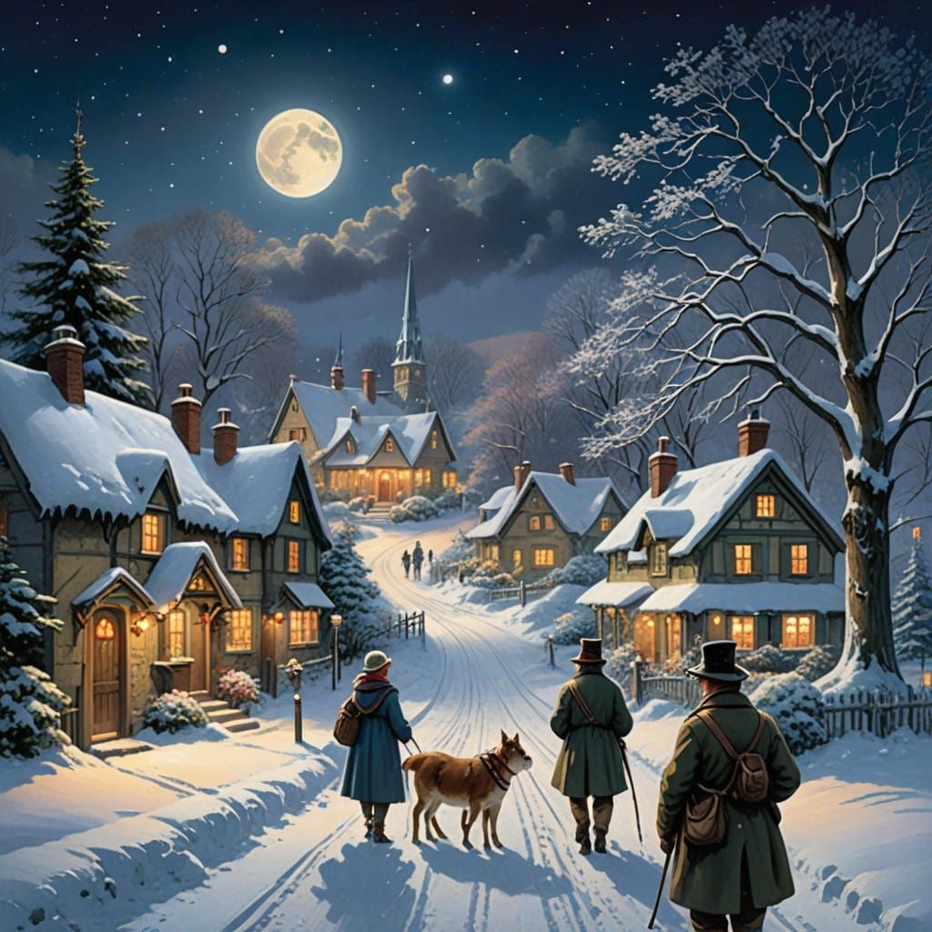 Magical Christmas Village Night Scene in Whimsical Watercolo...