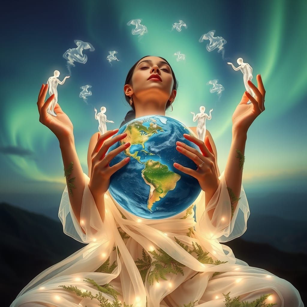 Serene Woman with Globe in Bioluminescent Dreamscape