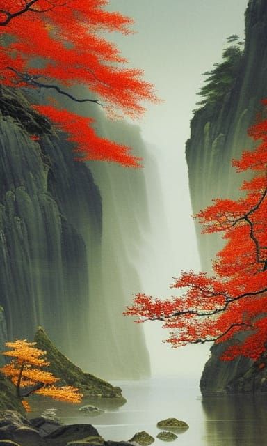 Cascading Plateaus with Japanese Maples: Impressionistic Ink