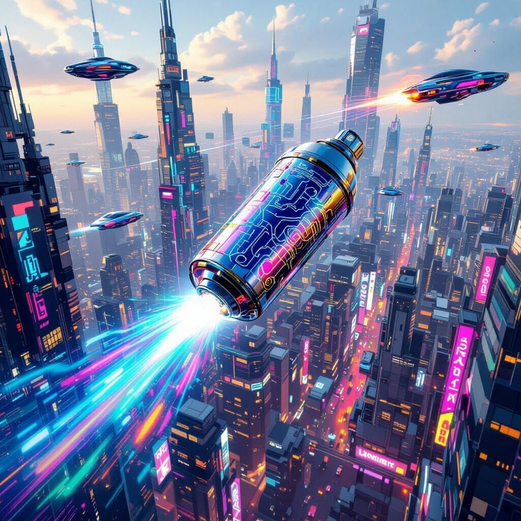 Futuristic Spray Can Over Neon Cityscape