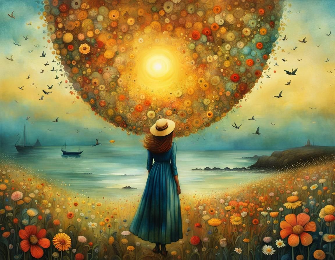 Surreal Flower Field Seaside Sunset Painting