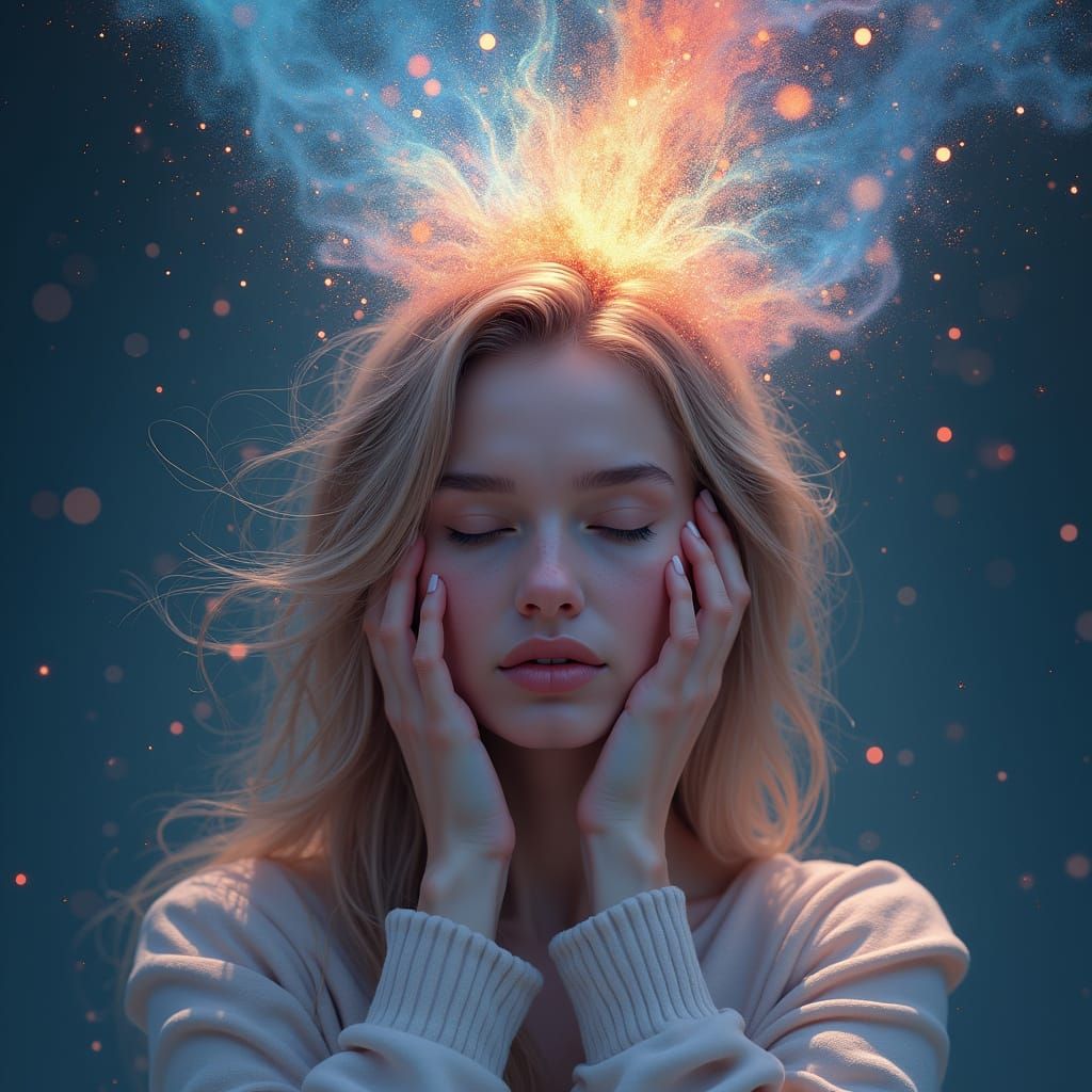 Ethereal Woman Portrait with Gouache Aura, Watercolor Art