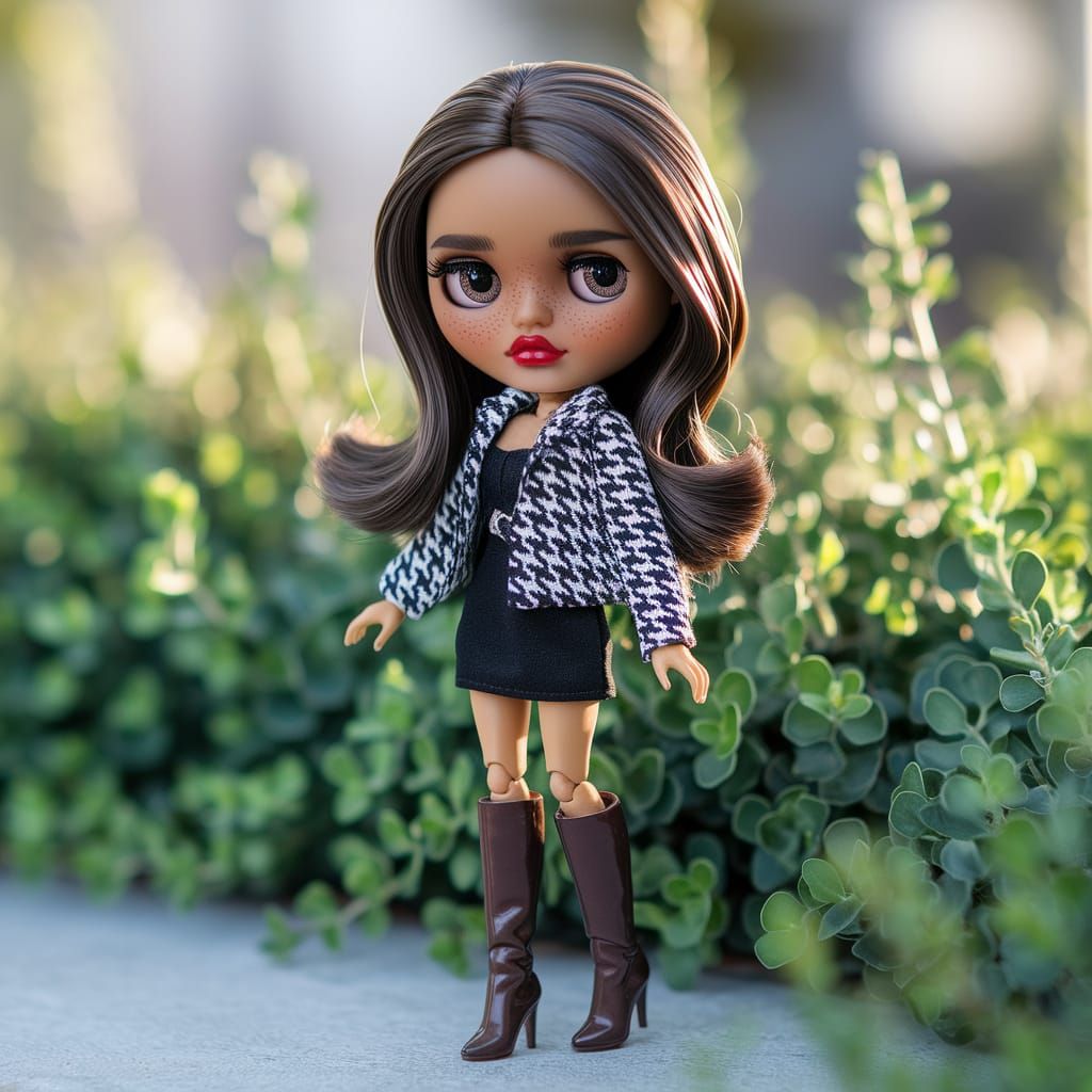 Elegant Olive-Toned Blythe Doll in Chic Houndstooth Jacket