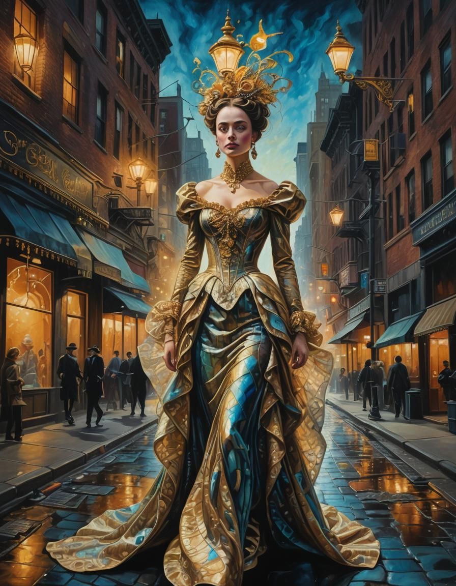 Victorian Lady in Surreal New York Oil Painting