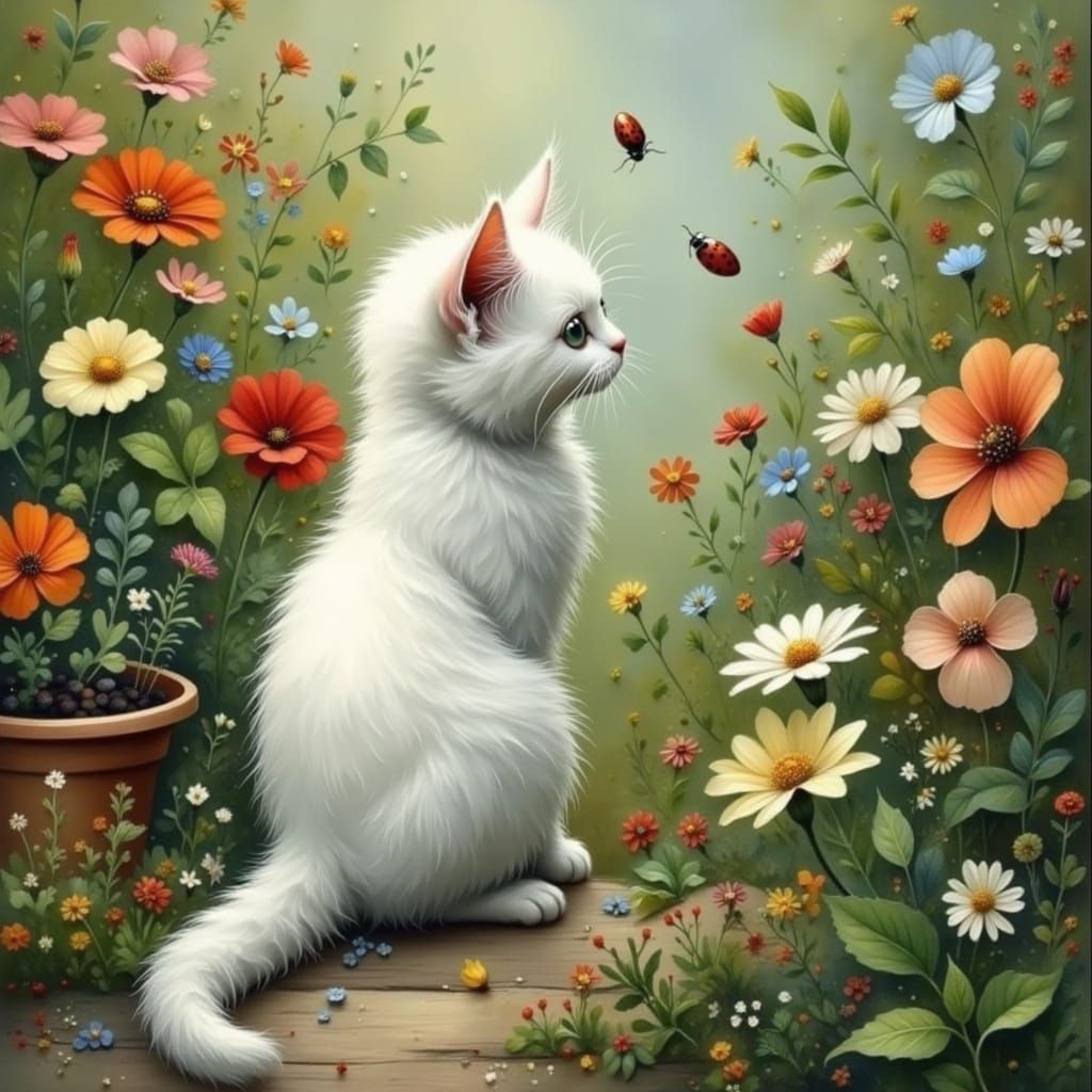 White Kitten Observes Ladybug in Flower Garden