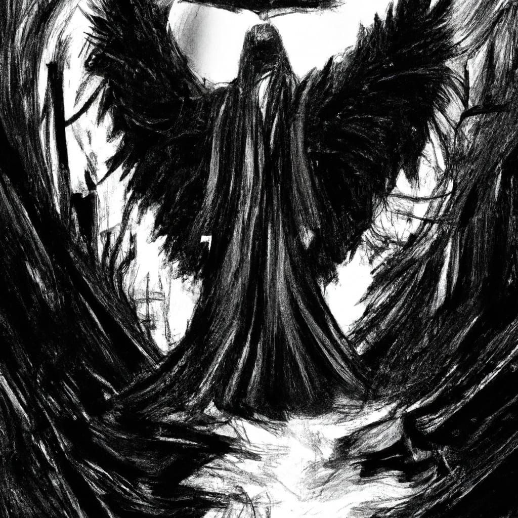 Dark Angel in Horror Art with Black Wings and Halo