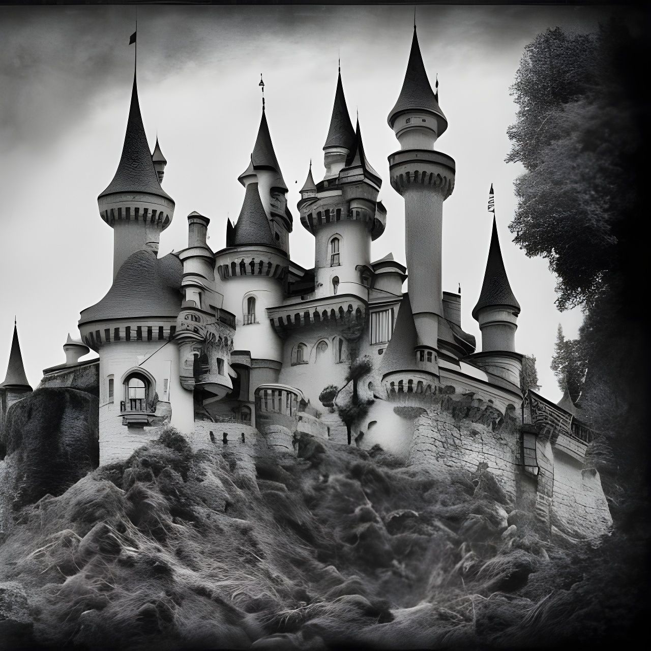 Fairytale Castle: Detailed Monochrome Vintage Photograph