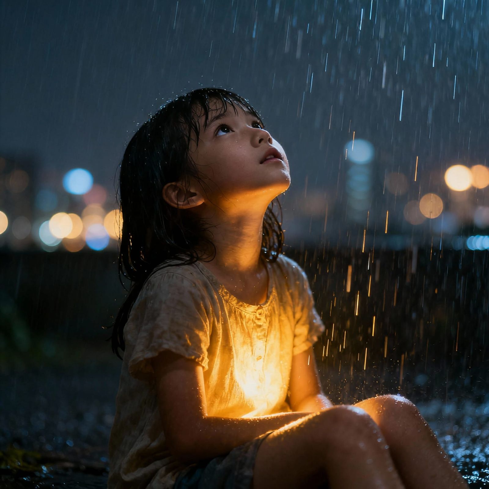 Girl in Rain with Golden Heart Light