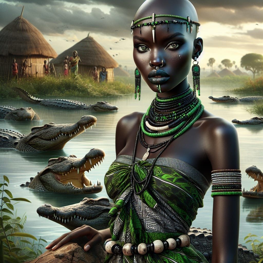 Nayakaya: South Sudanese Crocodile Goddess in Matte Painting...