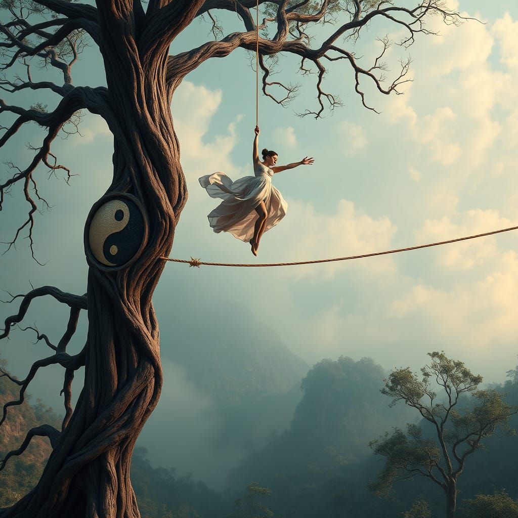 Ethereal Circus Acrobat on a Dreamlike Tightrope