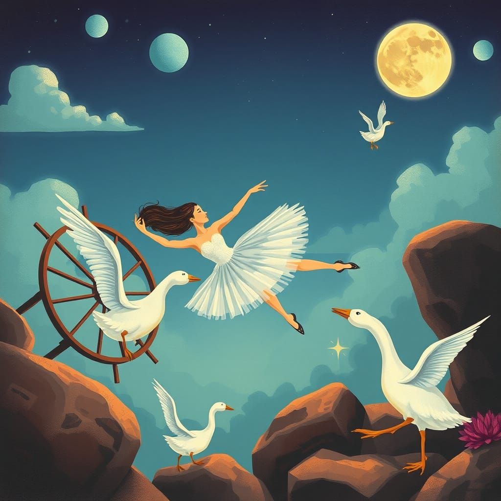 Whimsical Ballerina Soars Over a Moonscape Wheel