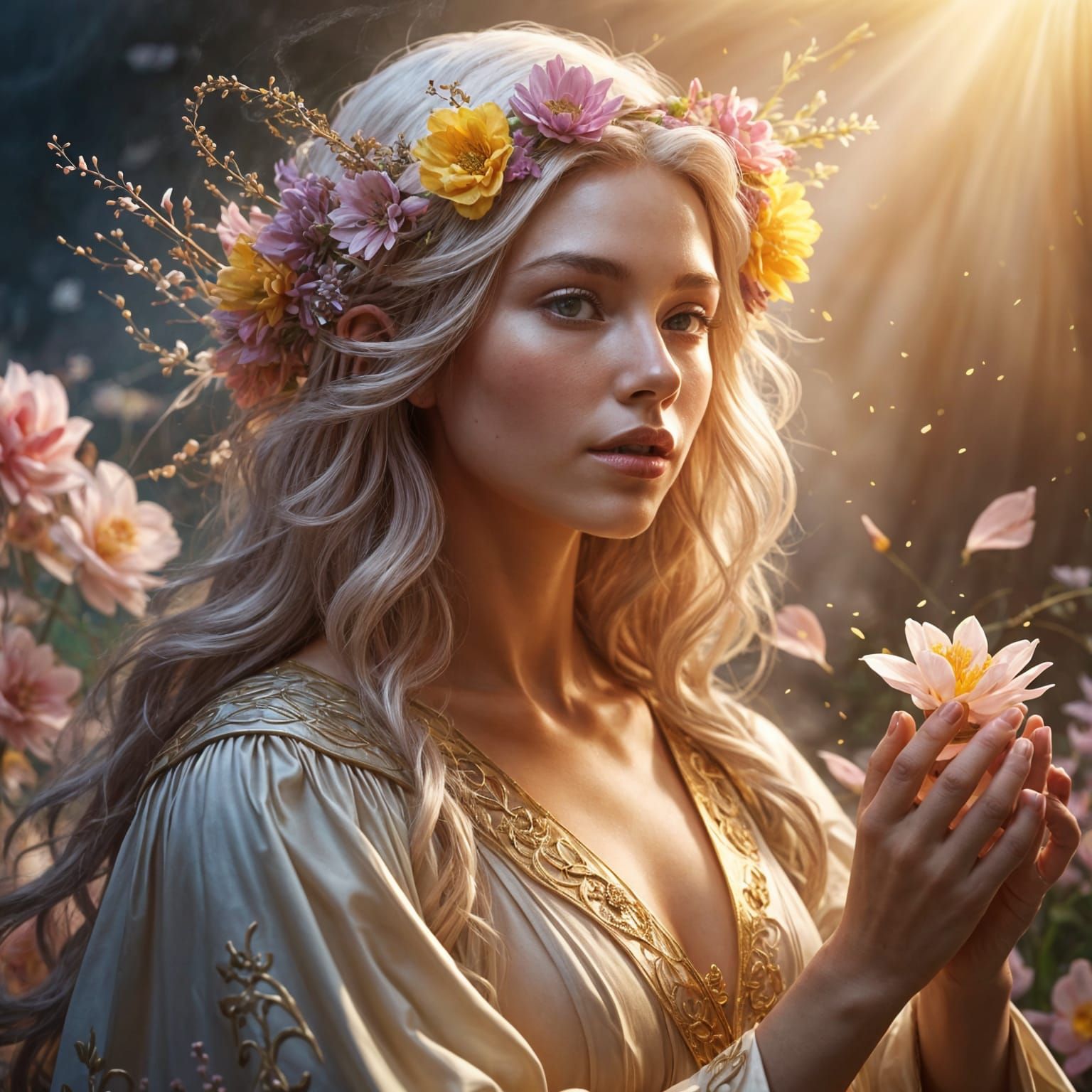 Sorceress Casting a Flower Spell with Roses