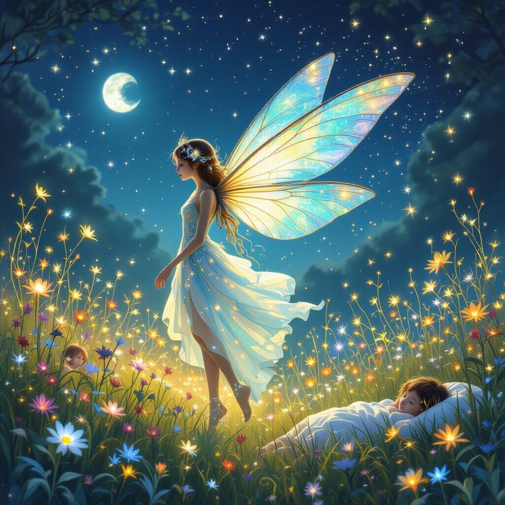 Dream Fairy of Starlight Watching Over Sleeping Children
