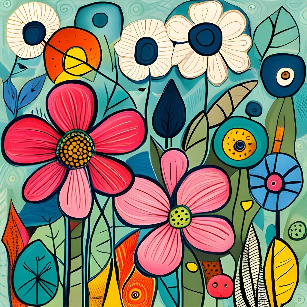 Botanical Summer Flowers in Art Brut Style