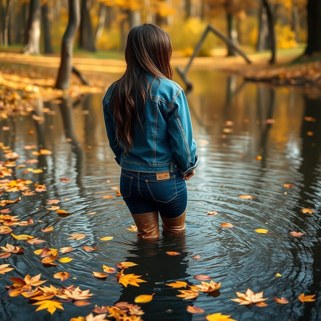 Woman Wading in Autumn Woodland Pond
