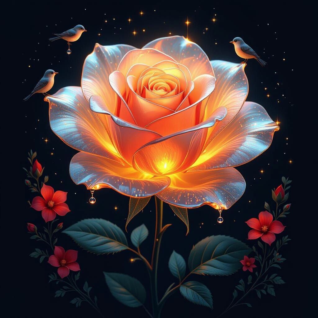 Glass Rose with Exotic Flowers and Birds