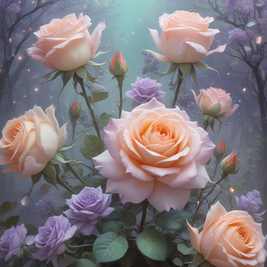 Whimsical Pastel Roses in Ethereal Dreamlike Atmosphere
