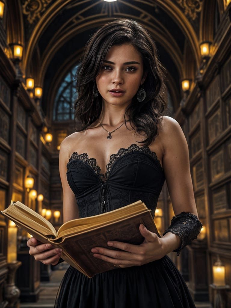 Demon Scholar in Enchanted Library: Cinematic Portrait