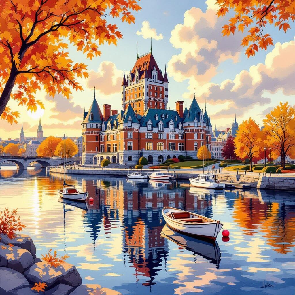 Chateau Frontenac: Ultrarealistic Watercolor in Pastel Color...