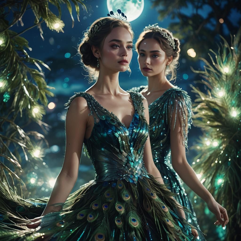 Enchanting Woman in Peacock Feathers, Cinematic Still