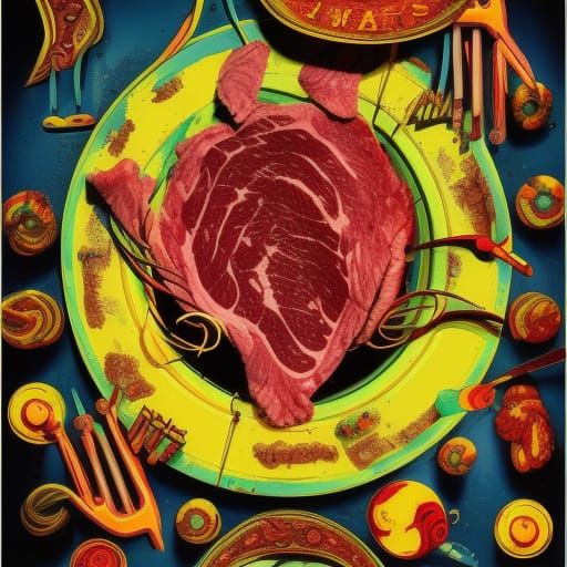 Surreal Meat Circus Frenzy: Colorful Macabre Illustration