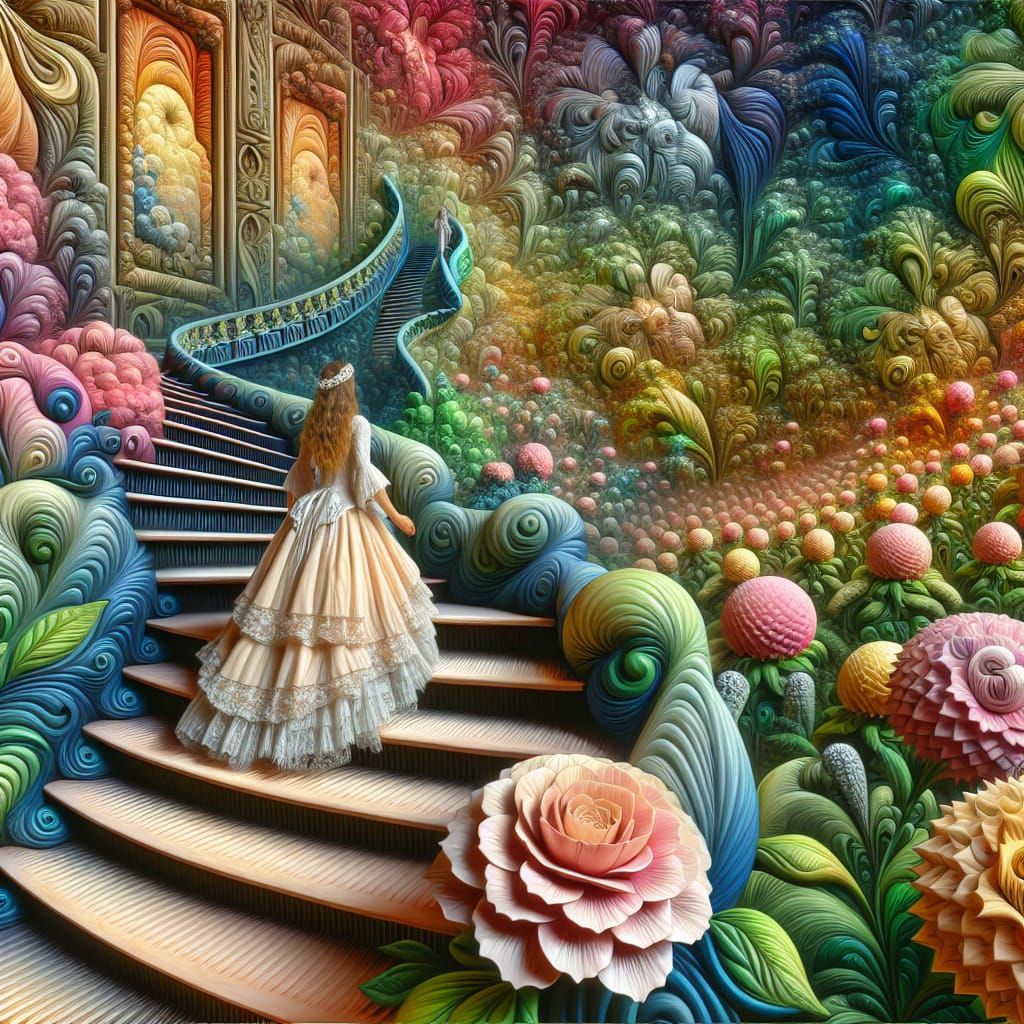 Princess ascending a Dali inspired staircase i