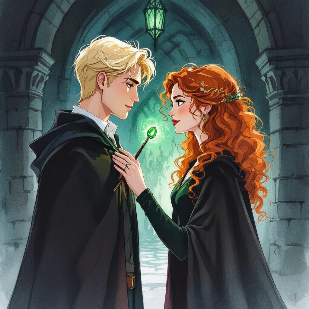 Mystical Lovers in Castle Hallway, Watercolor Graphic Novel