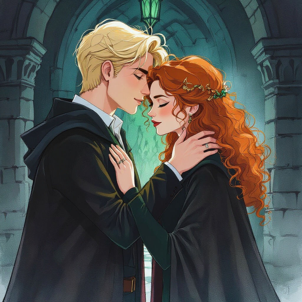 Mystical Encounter in Castle Hallway, Watercolor Style