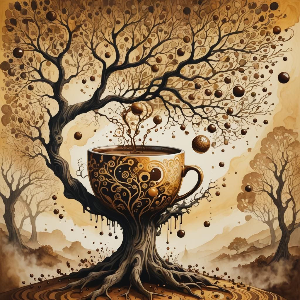 Levitating Coffee Cup: Surreal Oil and Ink Illustration