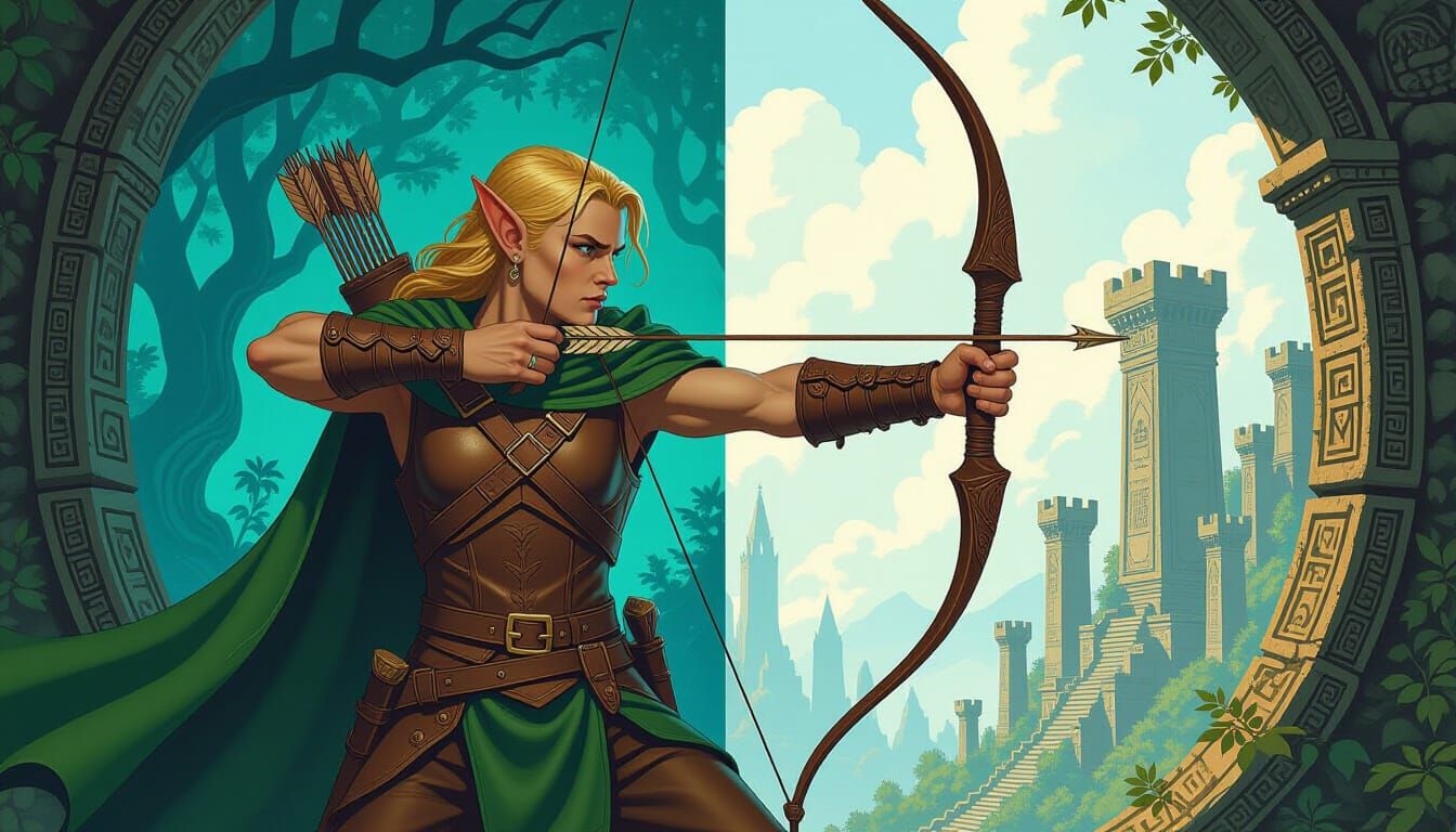 Elf Archer in Split Fantasy Landscape
