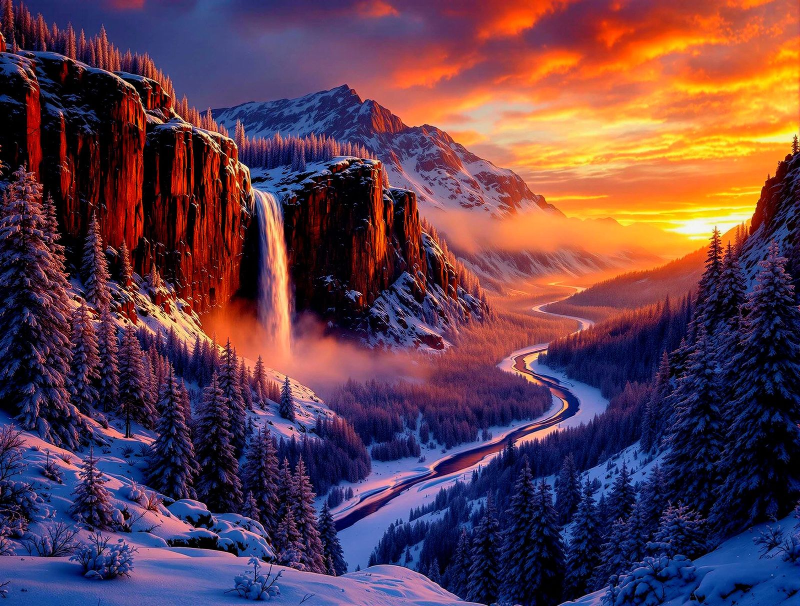 Panoramic Sunset Frozen Waterfall in Hyperdetailed Photoreal...