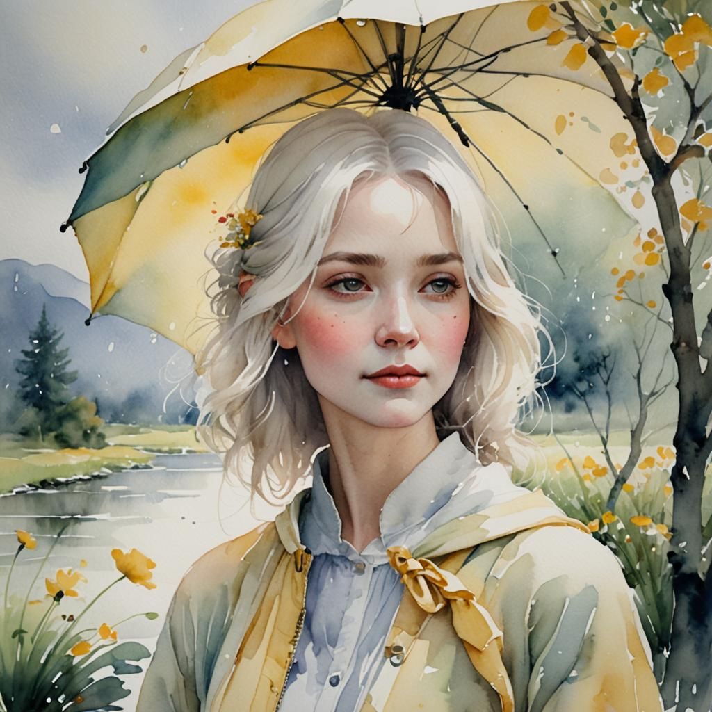 Ethereal Woman with Umbrella: Dreamy Watercolor Portrait