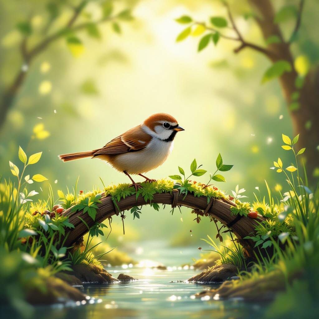 Sparrow Builds a Bridge in Springtime Storybook Style
