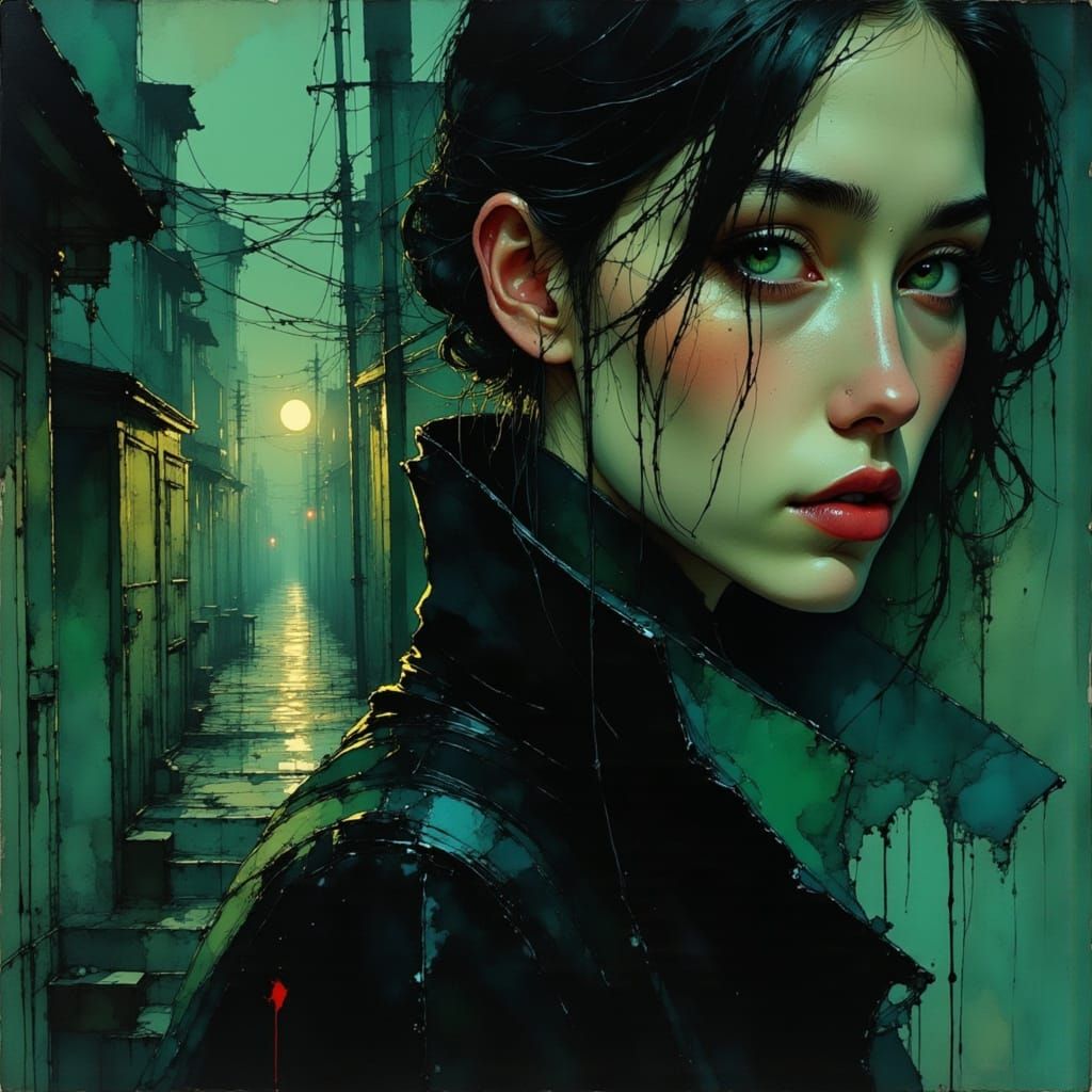 Woman with Piercing Eyes in Misty Alley, Digital Art