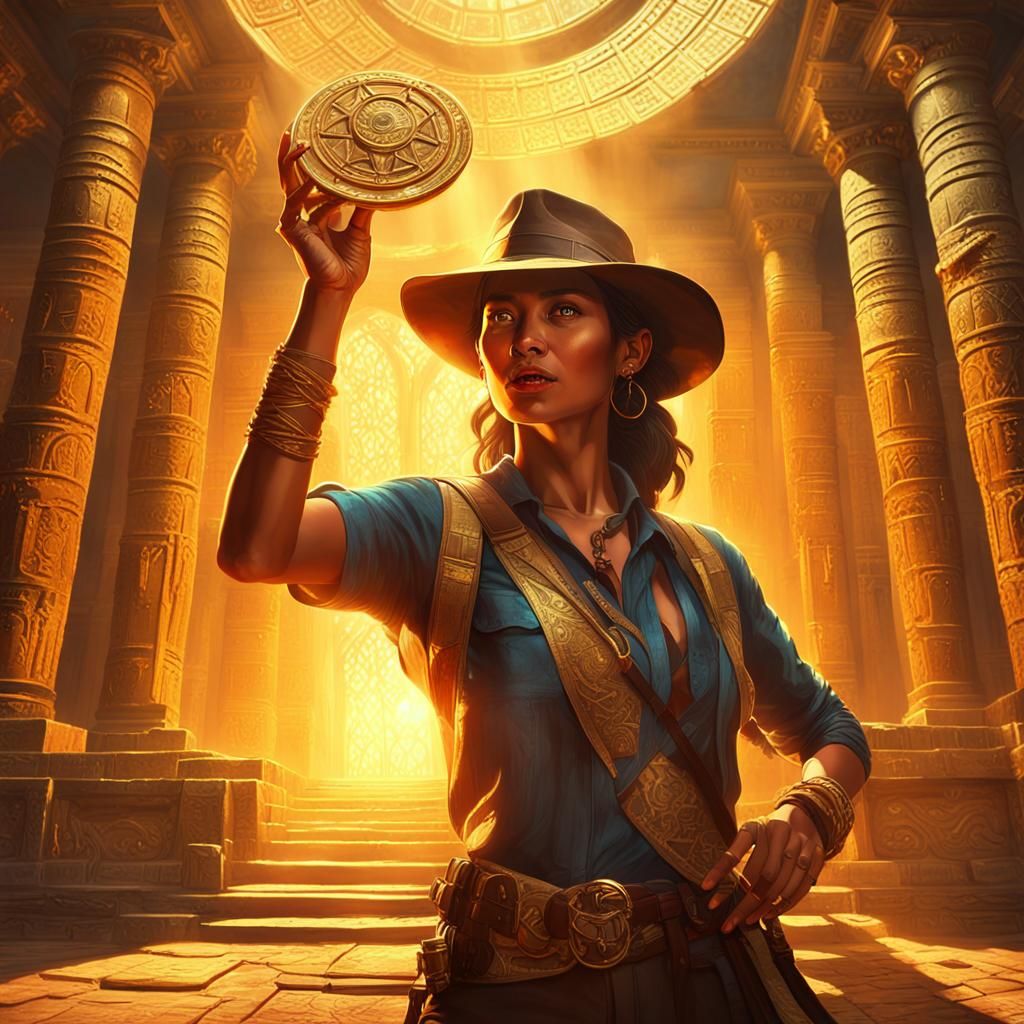 Female Indiana Jones Finds Treasure: Oil Painting