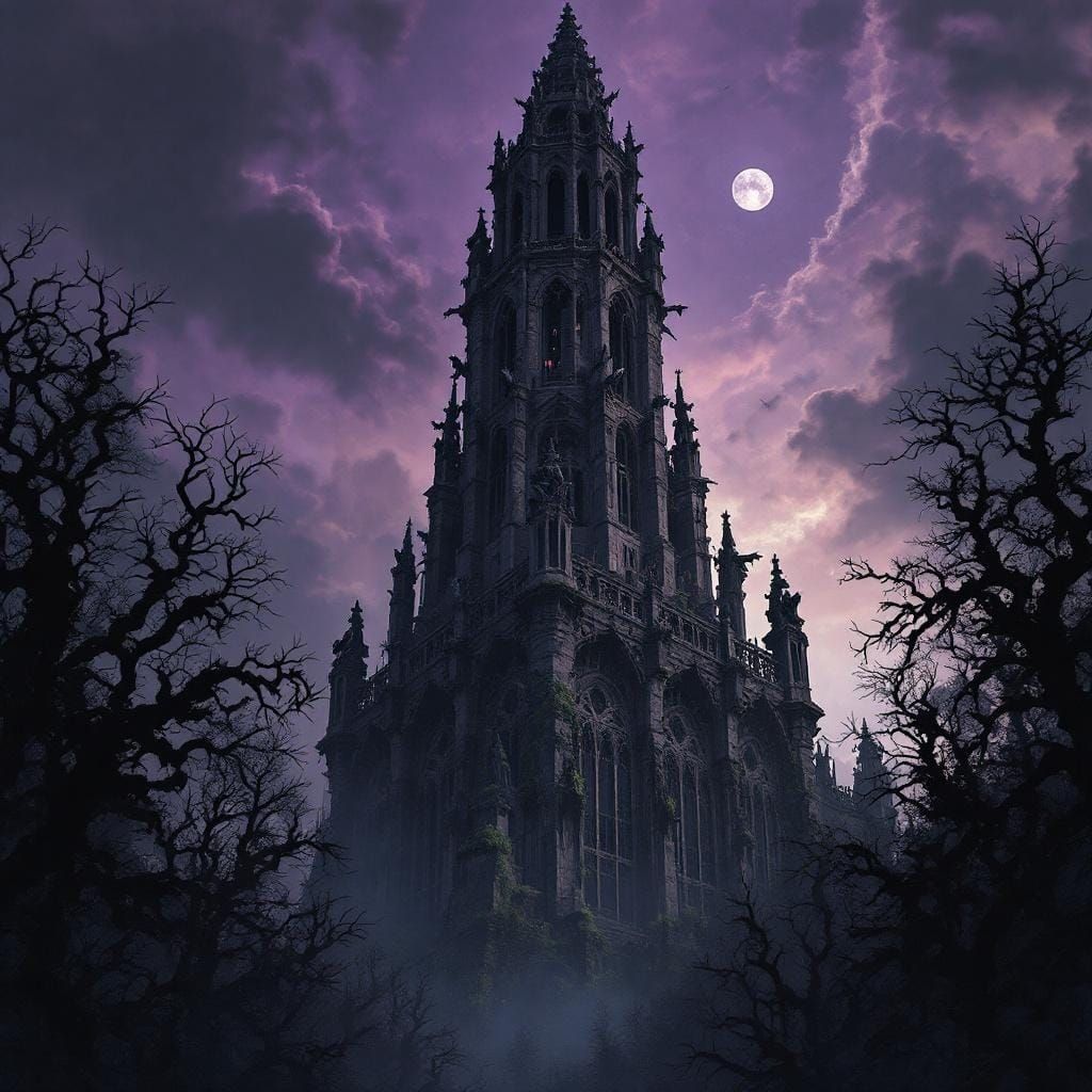 Gothic Cathedral Tower in Twilight Sky