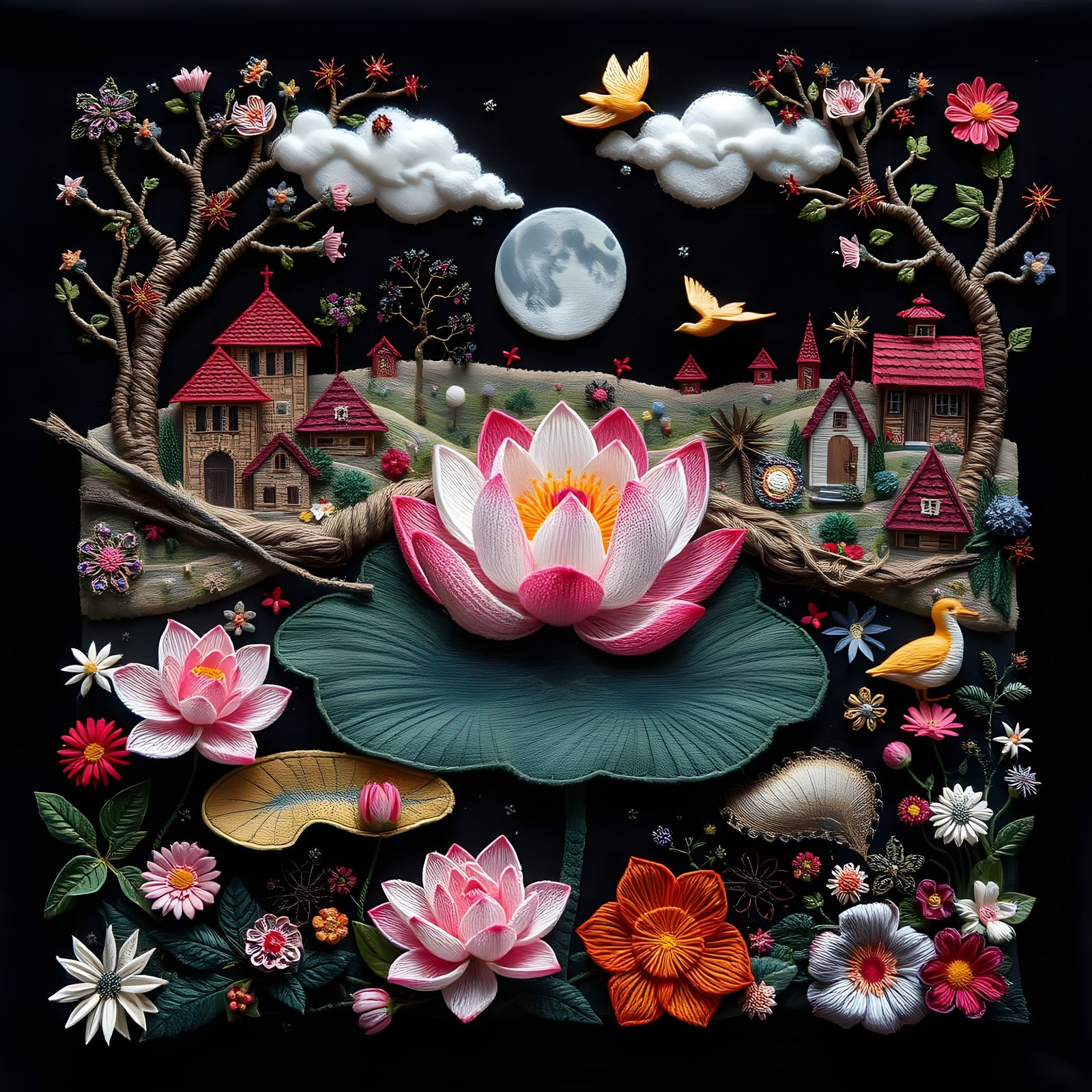 Surreal Lotus Blooms in Dark Lake Relief Art