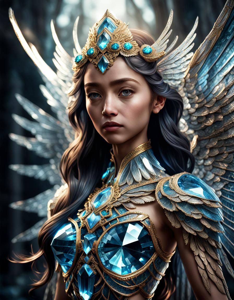 Goddess of Heavy Crystal Wings: Hyperrealistic Detail